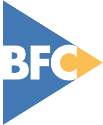 [white capital letters BFC against a triangular blue background with a gold silhouette at the right edge]