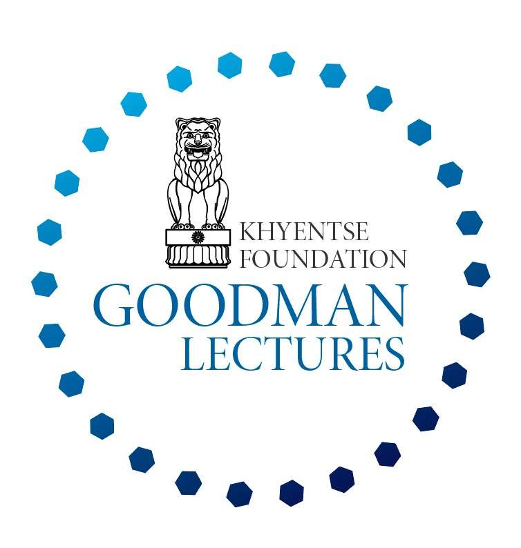 [vertical line drawing of lion statue left of small flush left black capital letters khyentse foundation above larger flush right blue text goodman lectures surrounded by a circle of gradated blue hexagons]