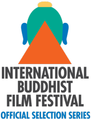 [green buddha head with yellow top knot, blue ears, and orange triangle at third eye, above international buddhist film festival in black type and official selection series in blue type]