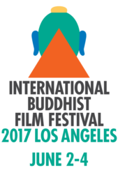 [green buddha head with yellow top knot, blue ears, and orange triangle at third eye, above international buddhist film festival in black type and 2017 los angeles june 2-4 in green type]