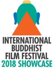 [green buddha head with yellow top knot, blue ears, and orange triangle at third eye, above international buddhist film festival in black type and 2018 showcase in green type]