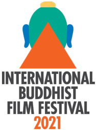 [green buddha head with yellow top knot, blue ears, and orange triangle at third eye, above international buddhist film festival in black type and 2021 in orange type]