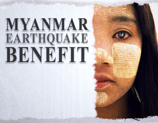 [type at left reads myanmar earthquake benefit, stacked in dark gray serif font on a background of torn light gray papers, revealing just the left side of a young asian girl facing camera, with long dark hair and yellow paste painted on her nose, chin, and left cheek]