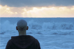 [view of a man's back as he stares at crashing waves]