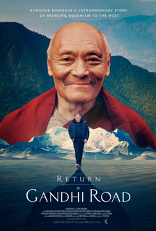 [digital collage of blue sky and green mountain range behind a centered mountain-like portrait of a smiling, bald headed man with maroon robes, behind a lower, smaller snow capped mountain range, behind a small figure of a man in dark clothes walking forward on water, above white text that reads return to gandhi road]