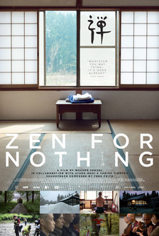 [poster with zen for nothing white text against a japanese interior of tatami and open screens to show landscape graphically positioned above eight images of exteriors and people]