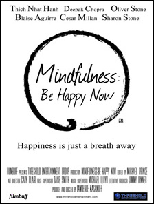[black text within enso on white background, Mindfulness: Be Happy Now, happiness is just a breath away]