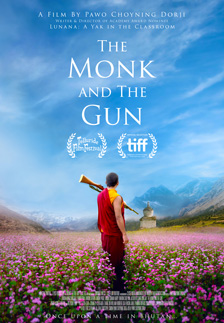 [poster with a small figure of a monk in maroon and gold robes, standing in a field of magenta flowers, looking at a distant mountain range with bright blue, lightly clouded sky overhead, holding a rifle over his left shoulder, with small white type at the top and bottom of the poster and large white stacked words the-monk-and the-gun in the sky]