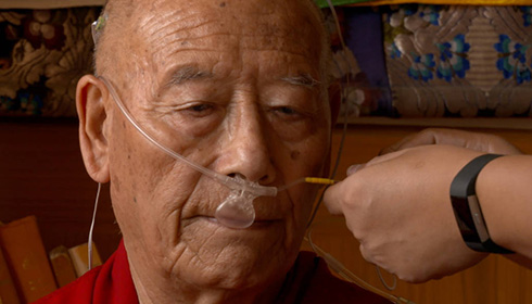 [tightly cropped image of older man with shaved head, having nasal cannula applied by cropped hands to the right with black watch on left wrist of those hands]